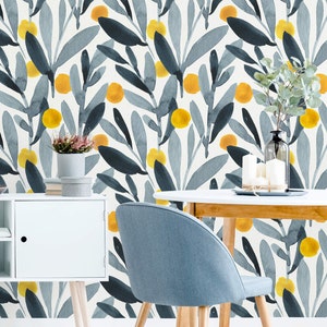 Leafy Peel and Stick Wallpaper, Pale Yellow and Blue Citrus Removable Wallpaper, Lemon Watercolor Wallpaper, Gray Coastal Tropical Wallpaper