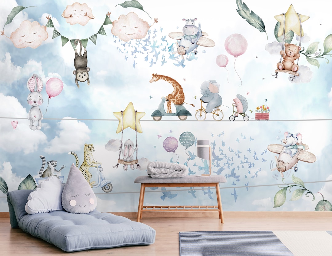 Nursery Wallpaper With Clouds and Animals, Pastel Wallpaper for Baby Room, Kid's Room Dreamy