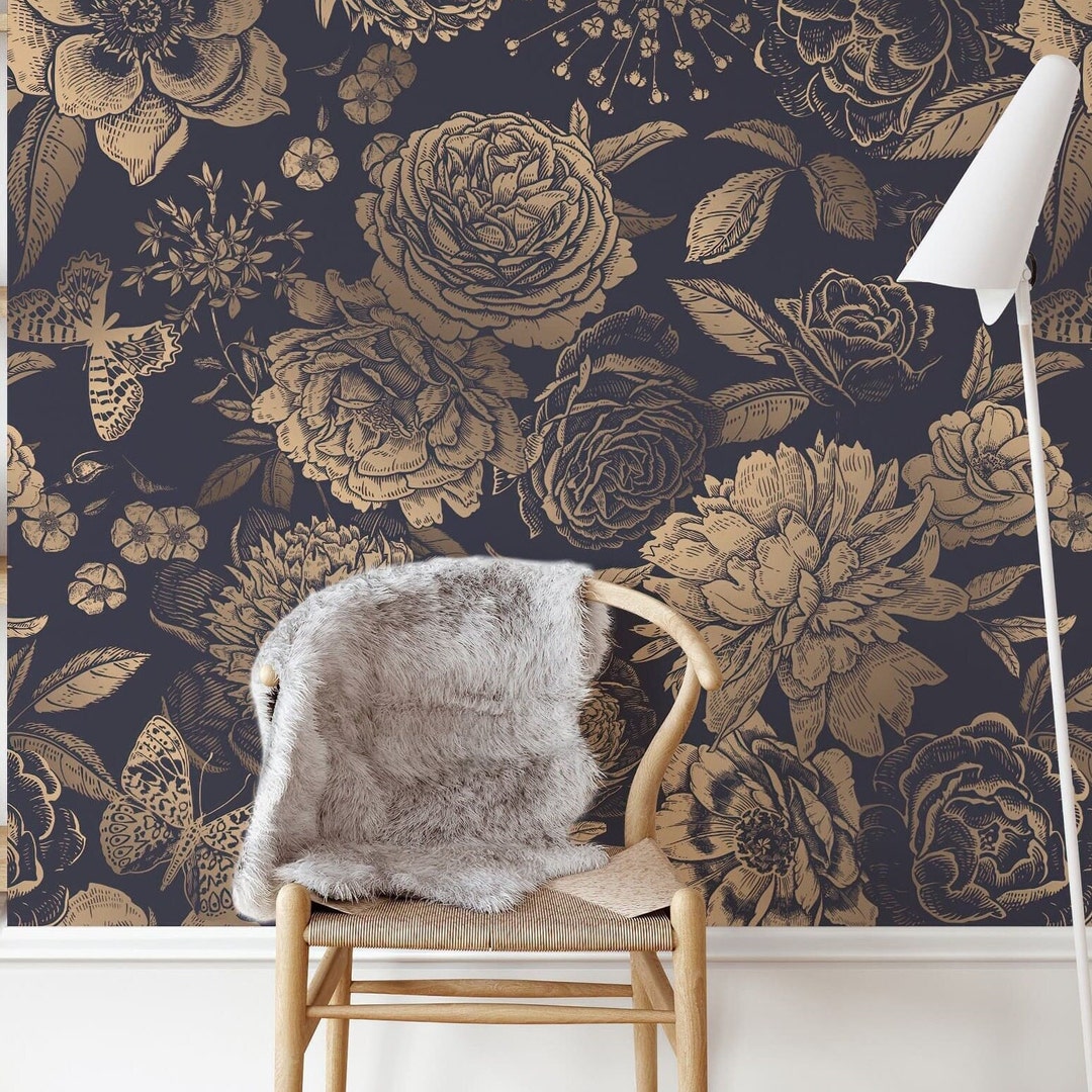Black Floral Wallpaper With Roses & Butterflies, Gold Peony Wallpaper