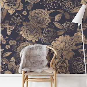 Gold Floral Wallpaper, Black and Gold Removable Wallpaper, Victorian Peel and Stick Wallpaper, Luxury Wall Mural, Livingroom Dark Wallpaper