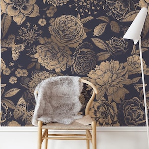 Floral Black Gold Wallpaper with Roses, Peony Wallpaper, Butterflies Floral Vintage Wallpaper, Self-Adhesive Peel and Stick Wallpaper