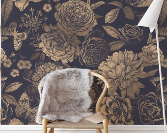 Floral Black Gold Wallpaper with Roses, Peony Wallpaper, Butterflies Floral Vintage Wallpaper, Self-Adhesive Peel and Stick Wallpaper