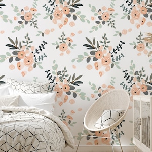Pink roses wallpaper for bedroom, art deco watercolor wallpaper for girls room, bright vinyl wallpaper mural, botanical non toxic mural B052