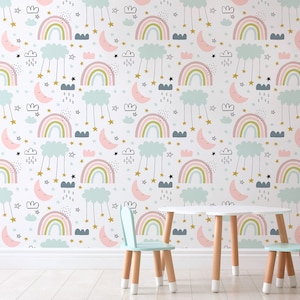 Kid's Rainbow Peel and Stick Nursery Wall Mural - Pink Pastel Removable Wallpaper for a Dreamy Nursery Decor, Non Toxic Wallpaper