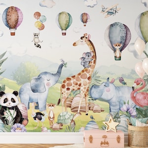 Jungle Animals Kids Nursery Wallpaper, Peel and Stick Safari Wall Mural Self Adhesive, Watercolor Wall Decal for Childrens room or Playroom