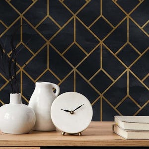 Luxury Geometric Wallpaper in Peel and Stick Featuring Black Gold Metallic Design Removable Decor for Nursery, Bedroom