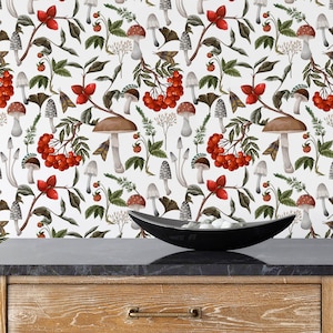 Berry and Mushroom Wallpaper, Botanical Wallpaper, Red And Green Forest Wallpaper, Cottagecore Decor, Living Room Wallpaper Mural, Wall Art