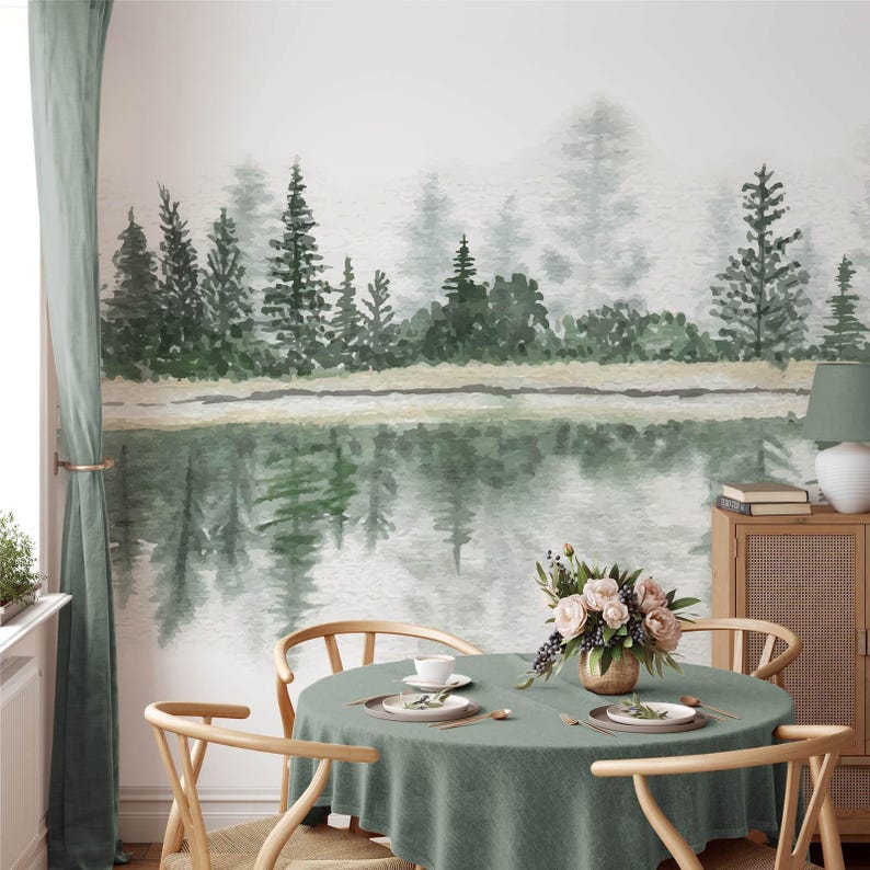 Landscape Wallpaper in Peel and Stick Featuring Peaceful Lake Forest ...