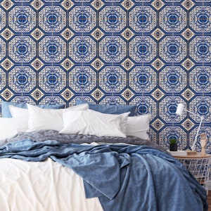 Mediterranean Blue Tile Wallpaper Blue and White Moroccan - Etsy