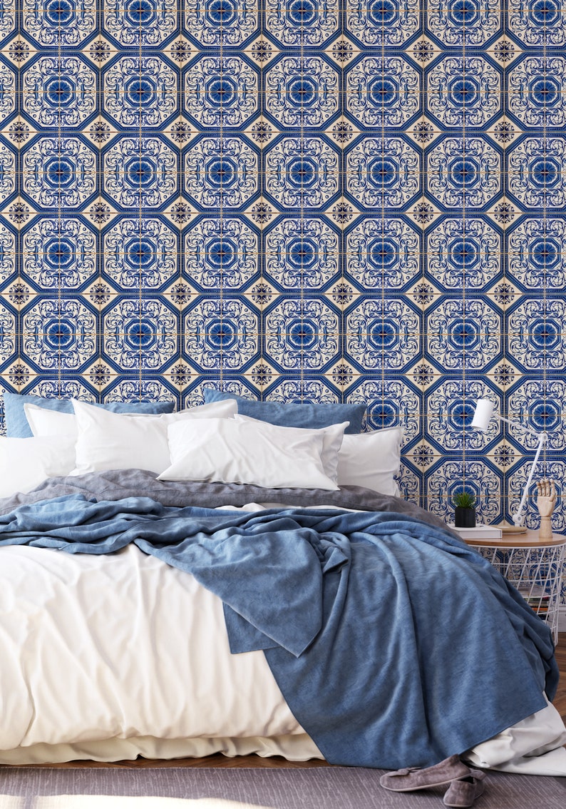 Mediterranean Blue Tile Wallpaper Blue and White Moroccan - Etsy