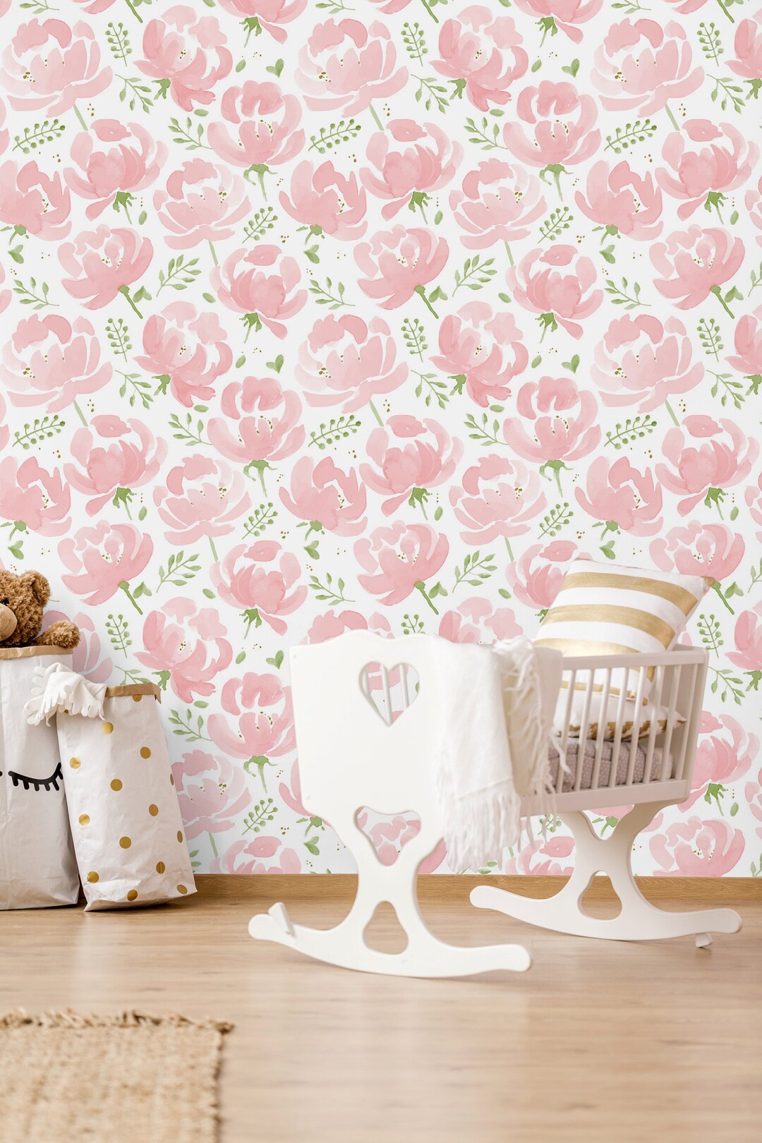 Pink Roses Floral Wallpaper, Pastel Peonies Peel and Stick Wall Mural ...