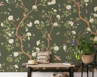 Vintage Chinoiserie Wallpaper, Bird Butterfly Floral Peel and Stick Removable Wall Decor