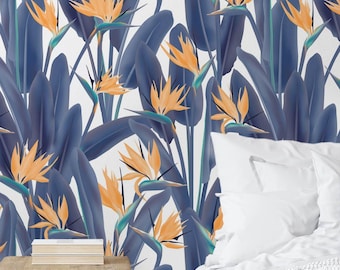 Tropical Wallpaper in Peel and Stick Featuring Floral Bird of Paradise Pattern Removable Living Room Wall Decor