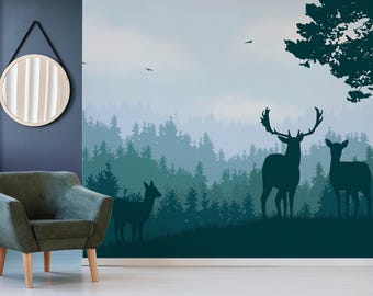 Deer Forest Woodland Landscape Peel and Stick Wallpaper Removable Rustic Nature Animals Home Decor