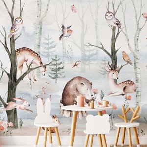 Woodland Nursery Wallpaper, Forest Animals Peel and Stick Wallpaper, Bear Room Decor Wallpaper, Removable Wallpaper, Forest Wallpaper