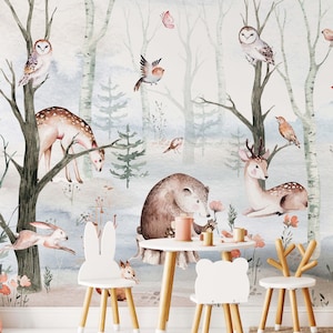 Animals Forest Wallpaper, Woodland Nursery Wallpaper, Kids Peel and Stick Wallpaper, Removable Wallpaper, Animals Kids Room Decor, Wall Art