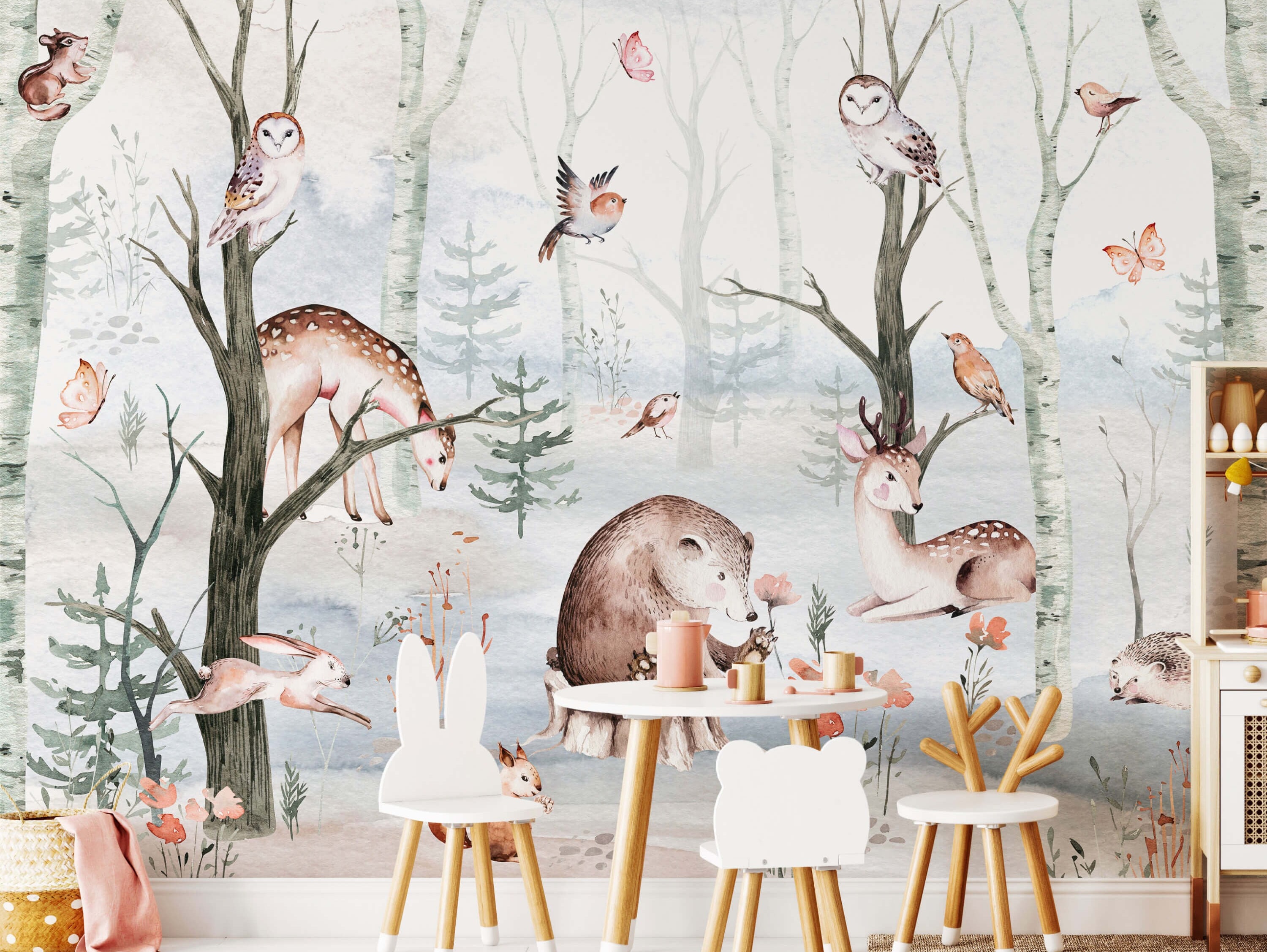 Woodland Storybook Mural Blush Wallpaper Vinylfree  Etsy Canada  Papel  tapíz de animales Dibujos bonitos de animales Dibujos bonitos