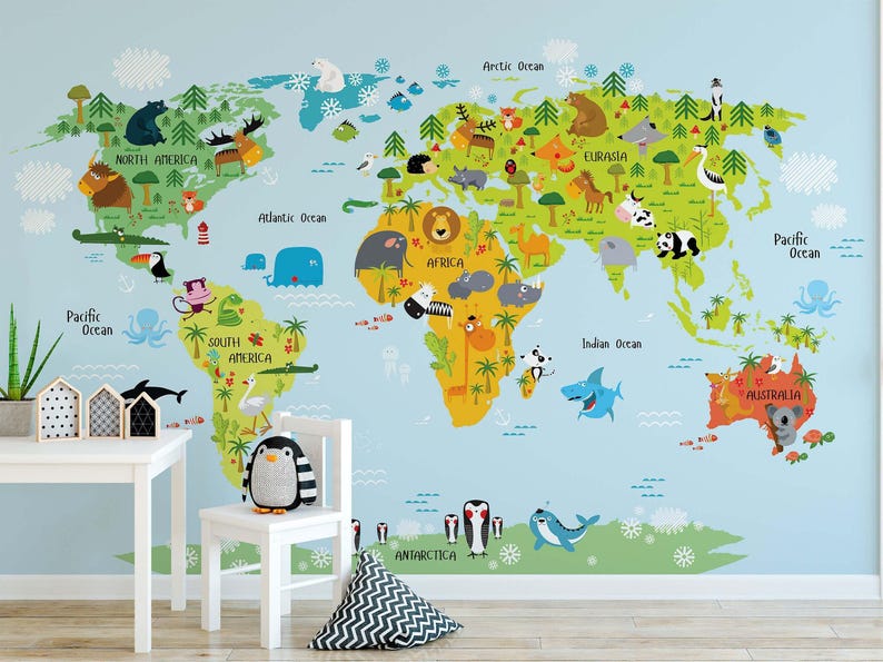 Kids World Map Wallpaper, Educational Peel and Stick Wall Mural ...