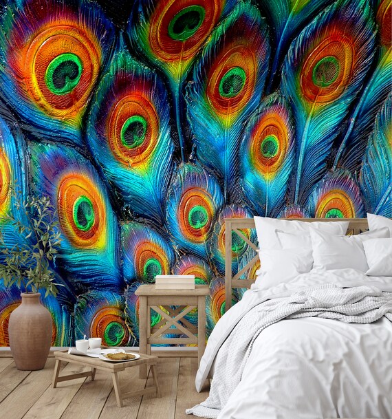 Blue Wallpaper peacock Removable Wallpaper Blue Peacock Etsy