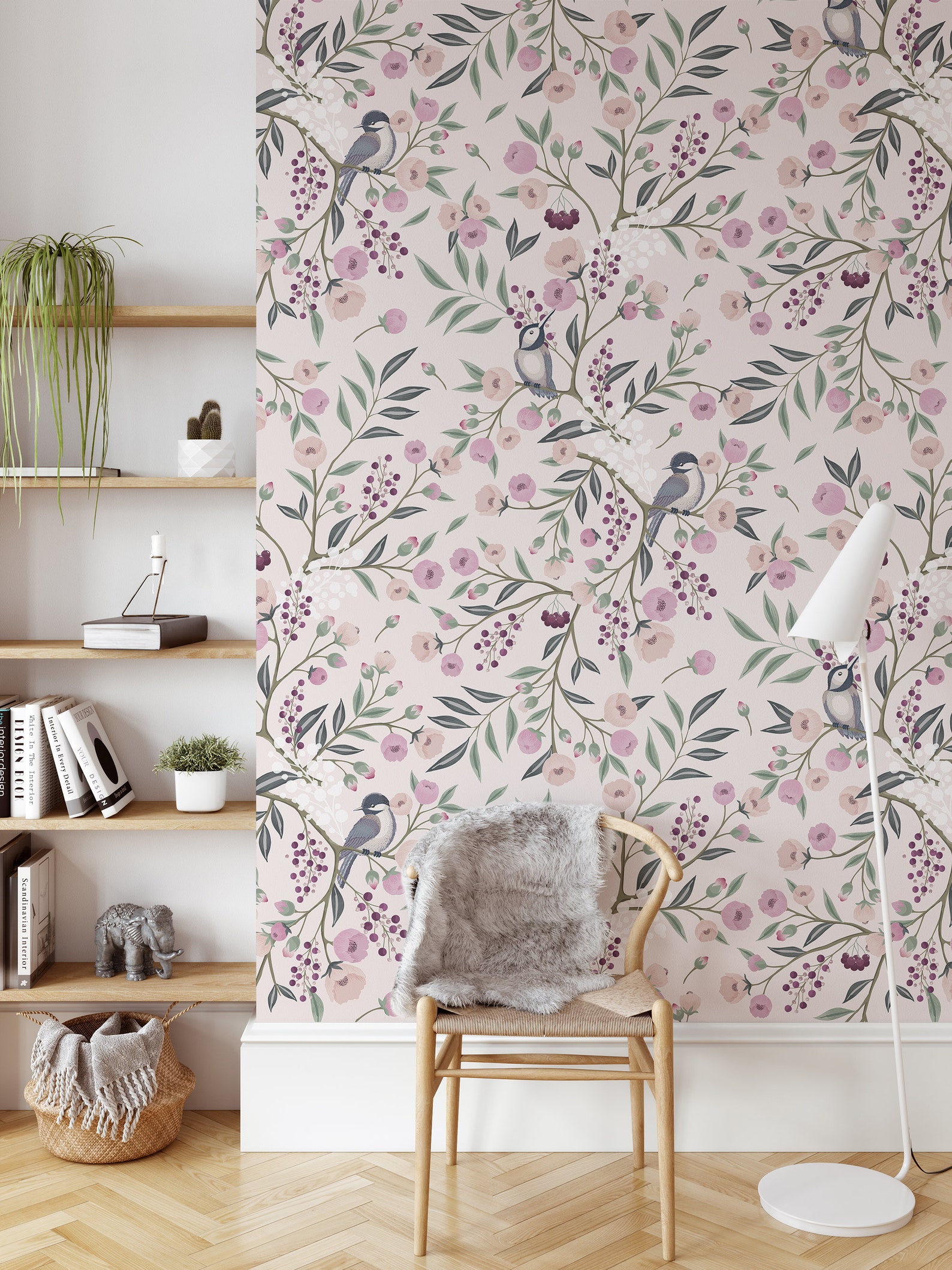 Peel and Stick Wallpaper Pink Vintage Floral Birds Wallpaper | Etsy
