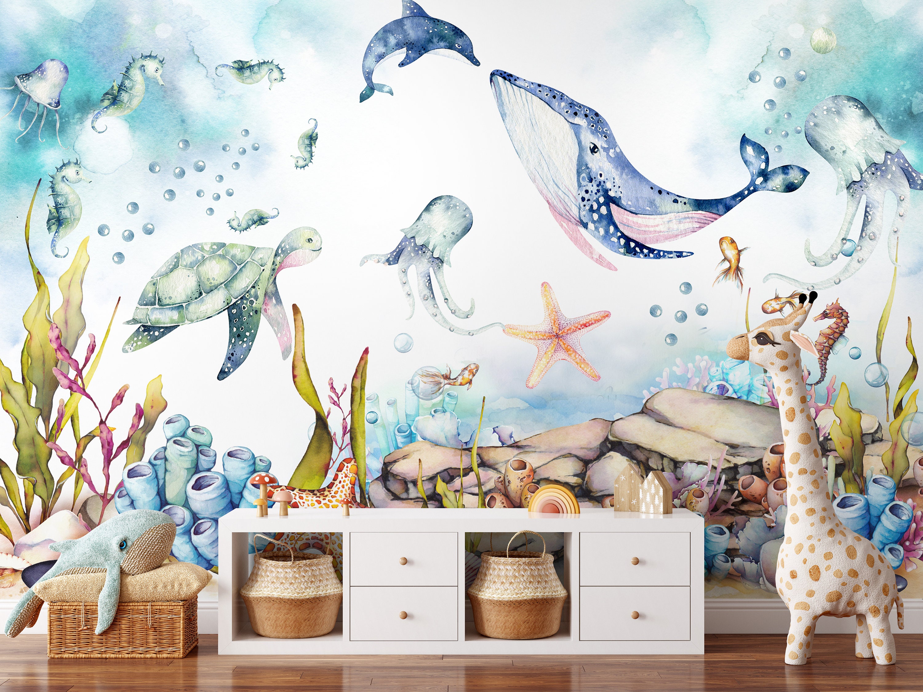 Peel & Stick Ocean Turtle Whale Underwater Wallpaper for | Etsy