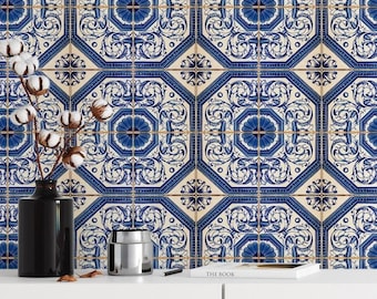Blue and White Tile Wallpaper Mural Mediterranean Peel and Stick Wallpaper Ceramic Tile Wall Decal Moroccan Style Kitchen Wallpaper