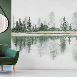Lake and Forest Wallpaper, Peaceful Lake Peel and Stick Wallpaper, Watercolor Wallpaper, Serene Landscape Wallpaper, Woodland Wallpaper