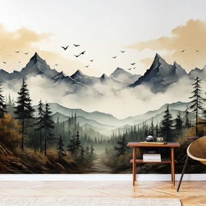 Misty Mountainscape Landscape Wallpaper, Mountain Scene Forest Wallpaper, Watercolor Wallpaper, Tranquil Woodland Wallpaper, Wall Art
