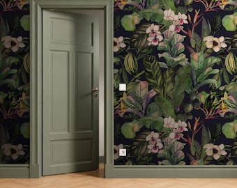 Peel and Stick Removable Wallpaper Green Leaves and Flowers Jungle Wall Art for Living Room Decor Dark Natural Exotic Botanical Wallpaper