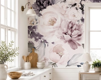 May include: A kitchen interior featuring a wall covered in floral wallpaper with large watercolor-style peonies and roses in shades of dusty pink, deep purple, and grey. The room includes white cabinets, a marble countertop, and a wall-mounted lamp.
