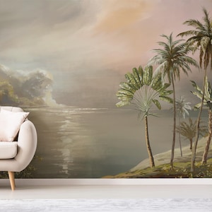 Tropical Palm Trees Rainforest Wallpaper for Living Room, Botanical River Jungle Wall Art for Living Room, Peel and Stick Natural Wall Mural