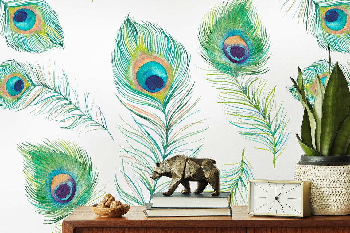 Peacock Feathers Wallpaper Peel and Stick White and Green | Etsy