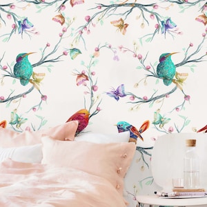 Birds & Butterflies Mural Wallpaper, Peel and Stick Floral Wallpaper, Garden Removable Wallpaper, Garden Birds Colorful Wallpaper, Wall Art