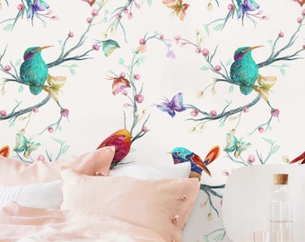 Birds & Butterflies Mural Wallpaper, Peel and Stick Floral Wallpaper, Garden Removable Wallpaper, Garden Birds Colorful Wallpaper, Wall Art