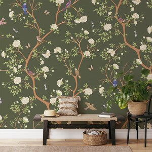 Chinoiserie Traditional Wallpaper, White Floral Wallpaper for Home Decor, Colorful Birds & Butterflies Wall Mural, Peel and Stick Wallpaper