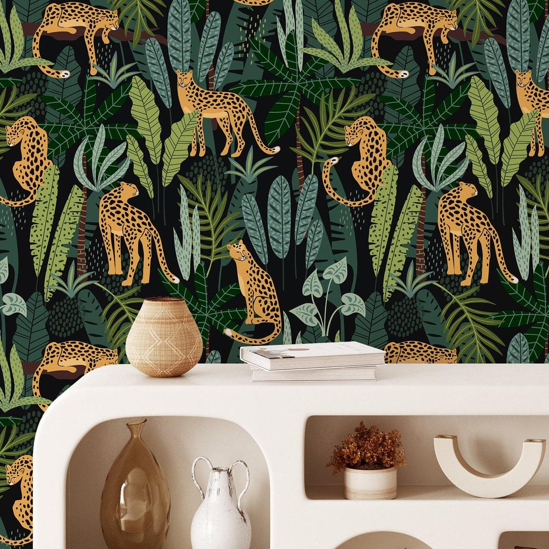 Leopard Print Peel and Stick Wallpaper Dark Tropical Jungle Wall Mural ...