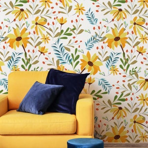 Yellow flowers mural wallpaper, Removable wallpaper, Bloom wallpaper, Cozy Botanical wallpaper, Retro peel and stick wallpaper, Retro floral
