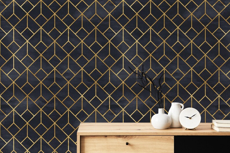 Black Gold Geometric Wallpaper Art Deco Peel and Stick Removable Wall Decor image 5