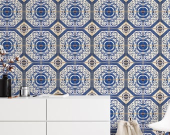 Vintage Blue Tile Wallpaper: Retro Peel and Stick Kitchen Wall Decor (Removable, Washable)