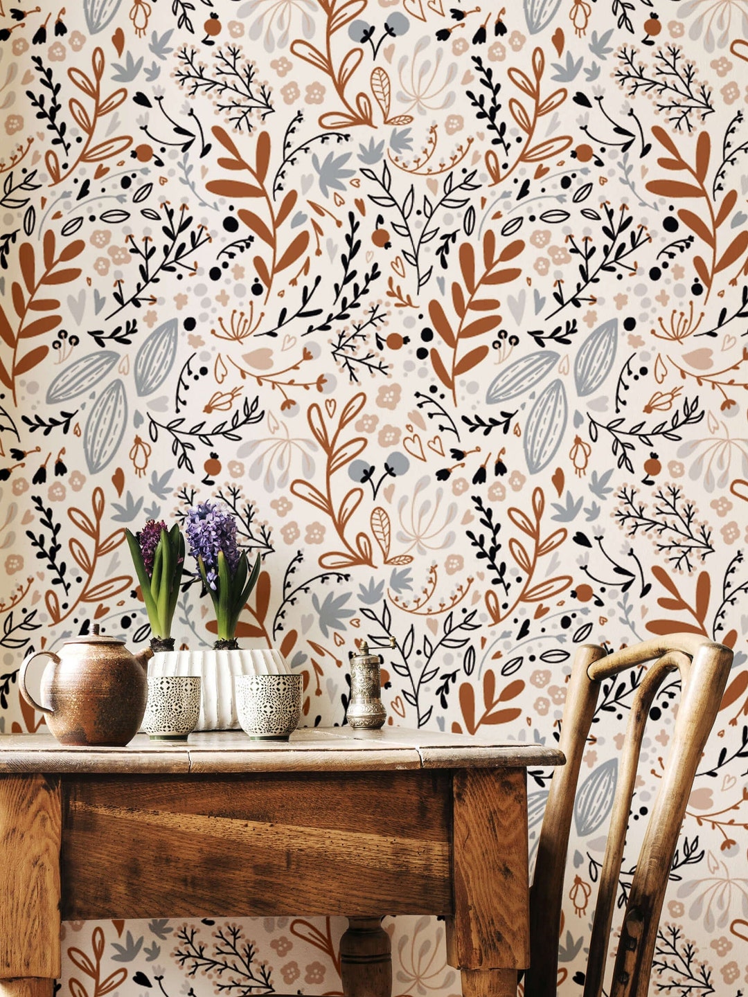 Boho Leafy Wall Decor Beige Removable Wallpaper Bohemian Etsy