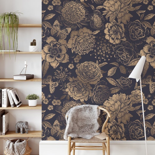 Black Floral Wallpaper With Roses & Butterflies Gold Peony - Etsy Black Floral Wallpaper With Roses & Butterflies Gold Peony - Etsy