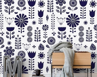 Blue Floral Wallpaper Removable Peel and Stick Botanical Wall Mural