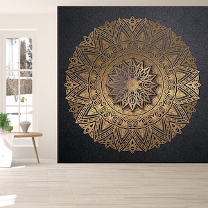 Black and Gold Mandala Wallpaper, Oriental Geometric Wallpaper, Indian Mandala Wall Decor, Modern Wall Mural, Home Decor, Art Deco Wallpaper