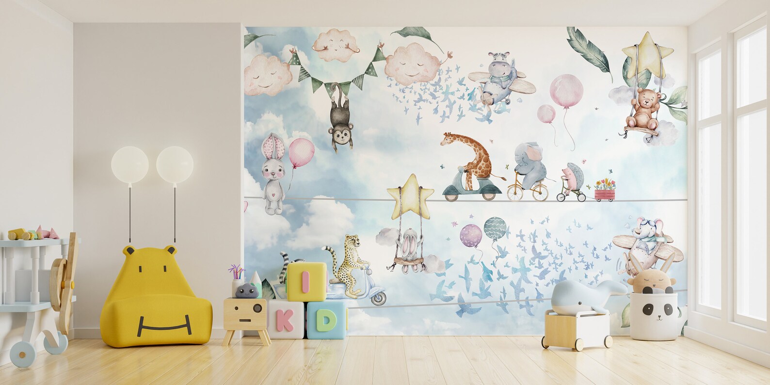 Nursery Wallpaper With Clouds and Animals Removable Wallpaper Etsy