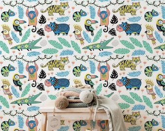 Tropical Jungle Animals Peel and Stick Wallpaper – Funky Colorful Kids Room Decor