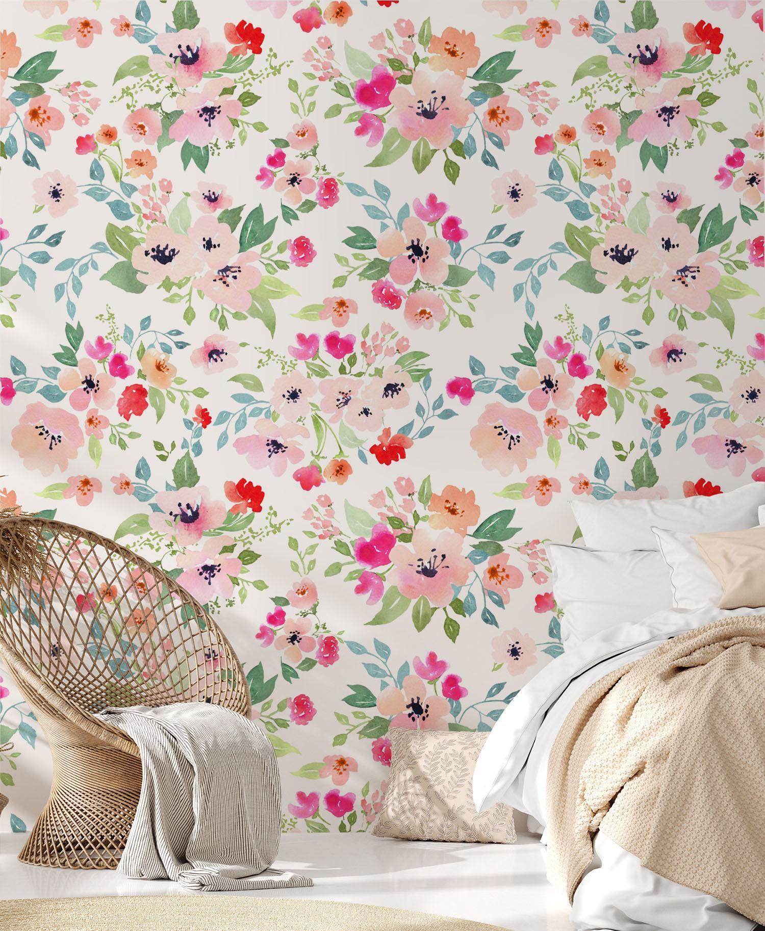 Floral Watercolor Wallpaper, Removable Boho Botanical Wall Mural ...