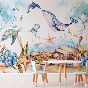 Under the Sea Wallpaper, Sea Life Wallpaper, Nursery Ocean Life Wall Decal, 3D Sea Life Waterproof Wallpaper, Peel and Stick Wall Mural image 4