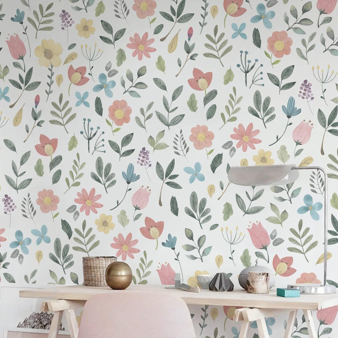 Watercolor Floral Wallpaper | Botanical Wall Art | Pastel Flowers Girls ...