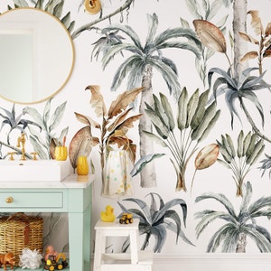 Watercolor Tropical Kids Wallpaper, Palm Tree Wall Cover for Nursery, Self Adhesive Wallpaper, Prepasted and Traditional Wallpaper Non Toxic