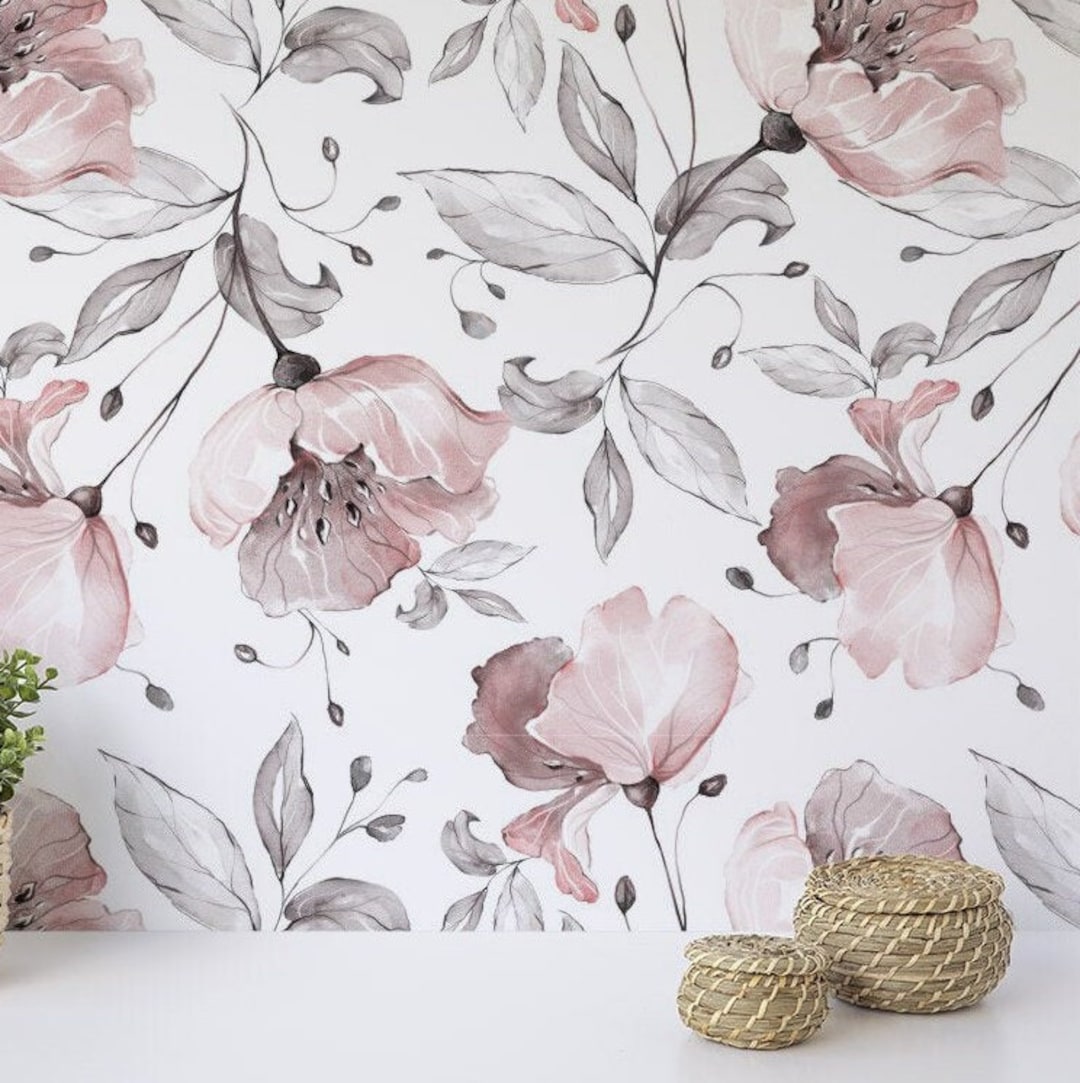 Pink Flowers & Leaves Floral Wallpaper, Home Decor Peel and Stick ...